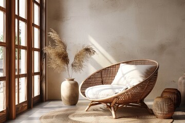 A wicker chair placed in front of a window. Suitable for home decor themes
