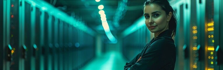 A female network engineer is standing in a hallway within a server room, inspecting equipment and cables
