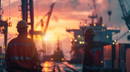 Fototapeta premium An inspiring image of two dock workers in the foreground of a shipyard, with blurred cranes and cargo ships in the background, representing the dedication and hard work of maritime professionals.