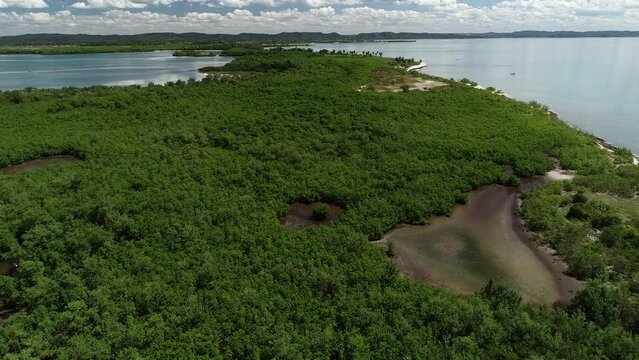 Aerial view of Ponta do Dourado Island, Ba&iacute;a de Todos os Santos - Salinas da Margarida, Bahia, Brazil