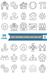 Self-esteem icons set, outline style vector illustrator set