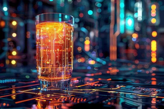A futuristic cyberpunk bartender serves up a glass of his latest concoction: a heady mix of code and circuitry. Will it overclock your senses or fry your motherboard?