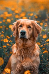 A dog sitting among beautiful yellow flowers. Perfect for nature or pet-related projects