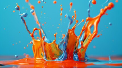 A vibrant dance of paint splashes on blue