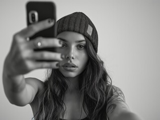 A young tattooed woman in a knit hat takes a selfie with her smartphone.