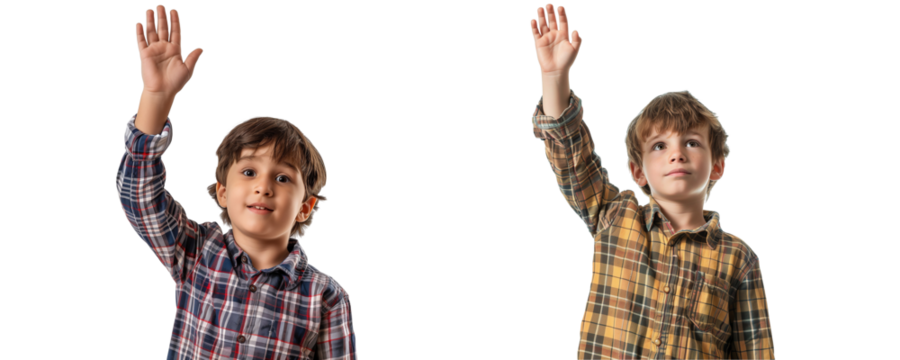 Set of Boy Student Raising Hands on Transparent Background - Powered by Adobe