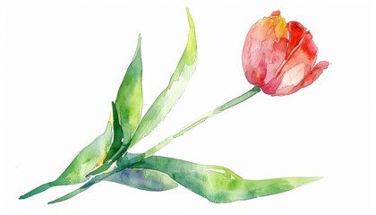 A single red tulip painted in watercolor. The tulip is in full bloom with its petals open and facing upwards. The stem is green and has two leaves.
