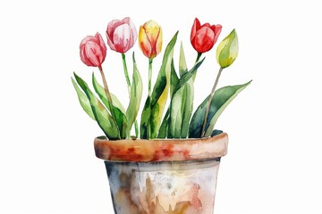 A watercolor painting of tulips in a pot