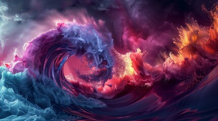 A vibrant digital art of a fiery and icy wave clashing forming a majestic lion s face