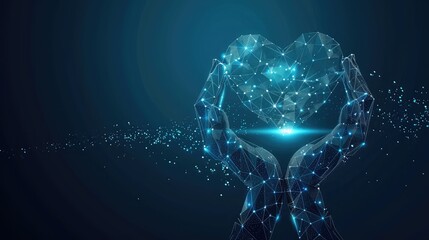 A modern abstract design featuring a futuristic illustration of glowing low polygonal hands holding a heart shape, symbolizing the power of love and compassion in fostering social bonds.
