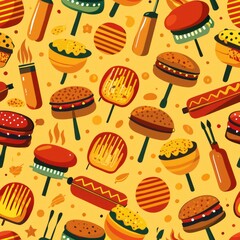Seamless pattern of BBQ grills sizzling with hamburgers and hot dogs, Generative AI