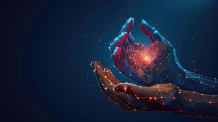 A surreal composition featuring a futuristic illustration of glowing low polygonal hands cradling a heart shape, symbolizing the intrinsic value of compassion and solidarity in humanitarian efforts. - Powered by Adobe