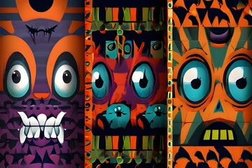 Happy Halloween posters. Groovy halloween backgrounds set. Happy Halloween simple pattern with scary eyes and distorted vertical grid and checkerboard in trendy retro style 90s. Vector illustration Ge