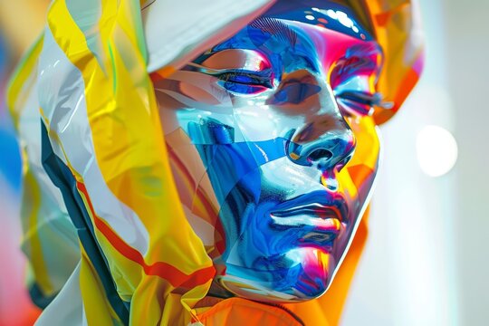 Generate a highly detailed, hyper-realistic portrait of a female mannequin with multicolored, reflective skin and wearing a yellow and white hijab
