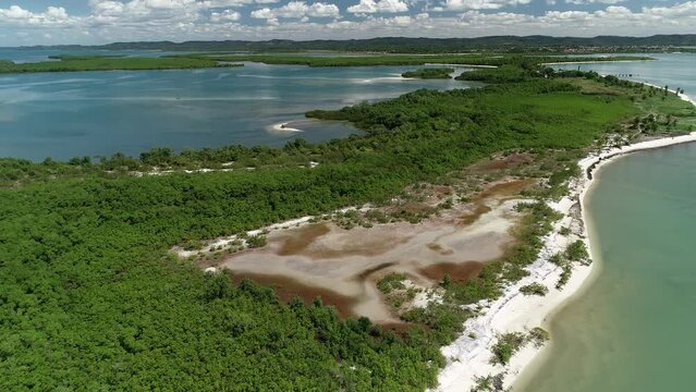 Aerial view of Ponta do Dourado Island, Ba&iacute;a de Todos os Santos - Salinas da Margarida, Bahia, Brazil