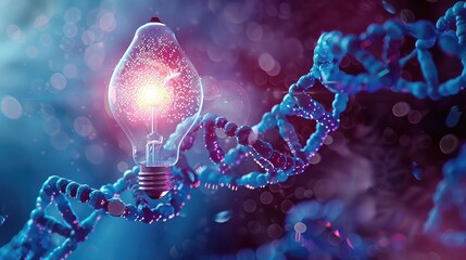A surreal composition showcasing an abstract blue light bulb radiating its brilliance onto a captivating blue and purple 3D DNA molecule helix. - Powered by Adobe