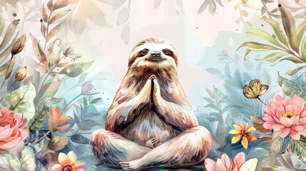 Fototapeta premium A sloth peacefully sits surrounded by colorful flowers. Ideal for nature and animal lovers