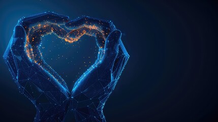 An abstract composition showcasing the concept of humanity and social connection with glowing low polygonal hands forming a heart shape, symbolizing the universal language of compassion. - Powered by Adobe
