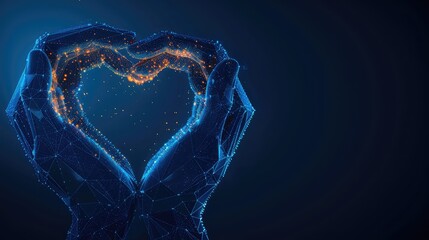 An abstract composition showcasing the concept of humanity and social connection with glowing low polygonal hands forming a heart shape, symbolizing the universal language of compassion.