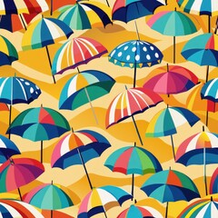 Seamless pattern of colorful beach umbrellas lining a sandy shore, Generative AI