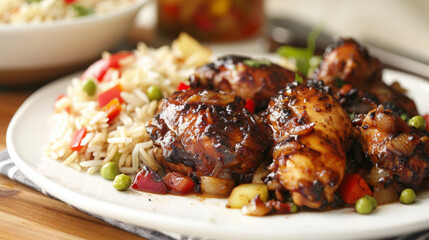Delicious jamaican jerk chicken with rice, peas, and fresh peppers served on a white plate