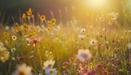 A field of flowers in the morning sun