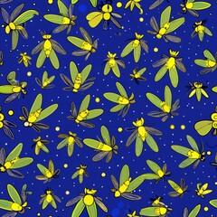 Seamless pattern of fireflies twinkling in the warm summer evenings, Generative AI