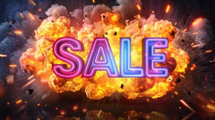 Vibrant neon  sale  sign amidst explosive chaos creates a striking juxtaposition