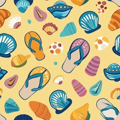 Seamless pattern of flip-flops and seashells scattered on the beach, Generative AI