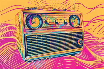 A pop art styled vintage radio with dynamic waves