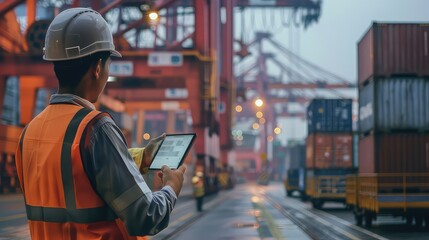 Fototapeta premium An atmospheric image showcasing an engineer in the foreground holding a digital tablet and giving instructions to a dock worker, with stacks of containers and cranes blurred in the background.