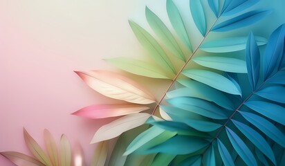  Multicolored leaves laid, gradient colors on pastel gradient background.