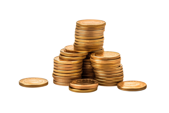 Piles of golden coins stacked in varying heights against a white background. Generative AI