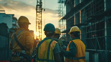 An atmospheric photo of construction workers wearing protective equipment, gathered together and focused on discussing the next steps of the project.