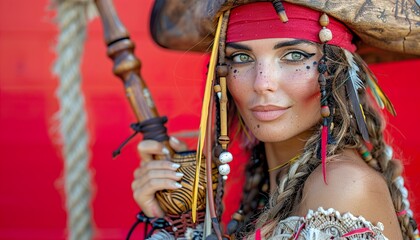 Portrait of gorgeous woman with provocative make-up wearing pirate costume 