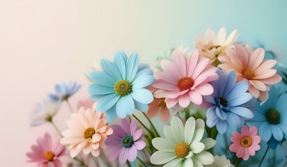 Bunch of pastel flowers photographed close up. Colorful daises.