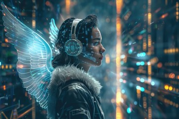 A woman wearing headphones and wings in urban setting. Suitable for music or fantasy themes