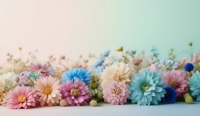 A bunch of colorful flowers arranged on a pastel background, front view