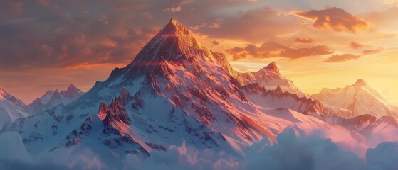 Obraz premium A majestic mountain range, with a towering peak that seems to touch the heavens. The sky is ablaze with color, as the sun sets behind the mountains.