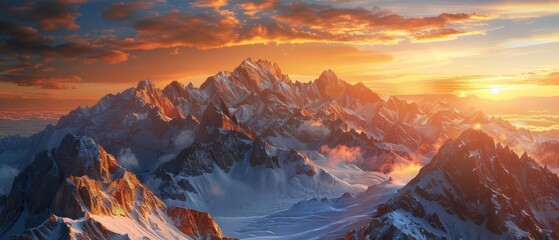 A beautiful landscape of snow-capped mountains at sunset