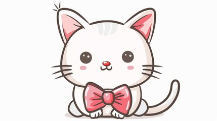 Draw a cute cartoon cat wearing a pink bow tie. The cat should be sitting down and looking at the viewer with a happy expression. Use bright colors and a simple style.