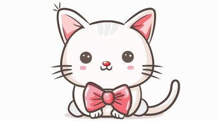 Obraz premium Draw a cute cartoon cat wearing a pink bow tie. The cat should be sitting down and looking at the viewer with a happy expression. Use bright colors and a simple style.