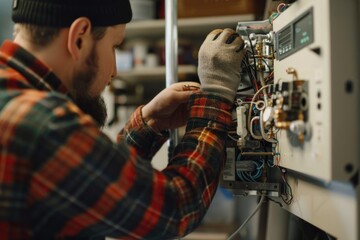 A man is seen working on an electrical device. Suitable for technology concepts