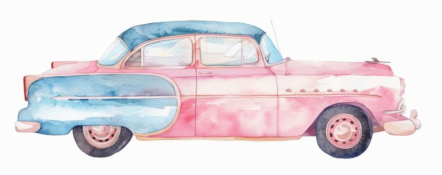 Watercolor painting of a pink and blue retro car.