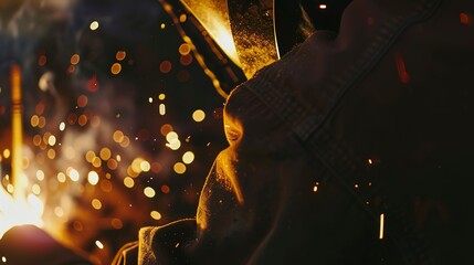 Construction worker welding with sparks, intense focus, dusk light, close-up, side profile 