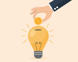 businessman or investor putting coin in bulb investment in startup idea financing innovation vector illustration