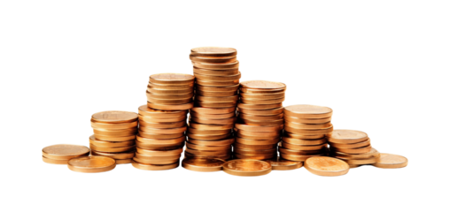 Piles of golden coins stacked in varying heights against a white background. Generative AI