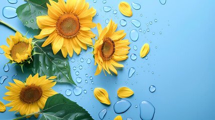 Creative floral concept. Sunny big sunshine yellow sunflower sunflowers with leaf leaves on sky blue background with rain water droplet. Mock up presentation. copy text space. top view