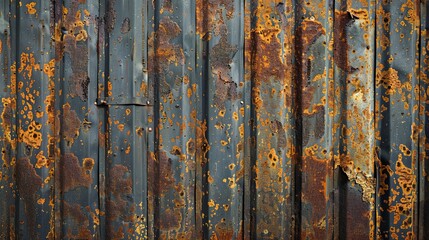 Rusty corrugated metal wallpaper, Close-up of vertical metal siding,