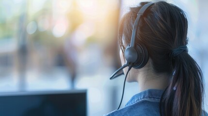 Happy smiling operator asian woman customer service agent with headsets working on computer in a call center. back view.